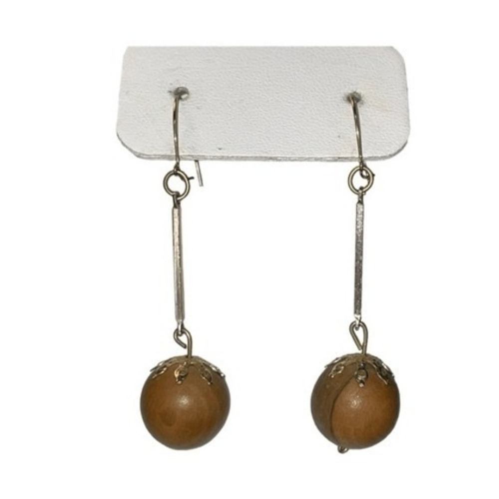 Vintage Beaded Wood Drop Earrings Silver Tone Metal Dangle French Wire